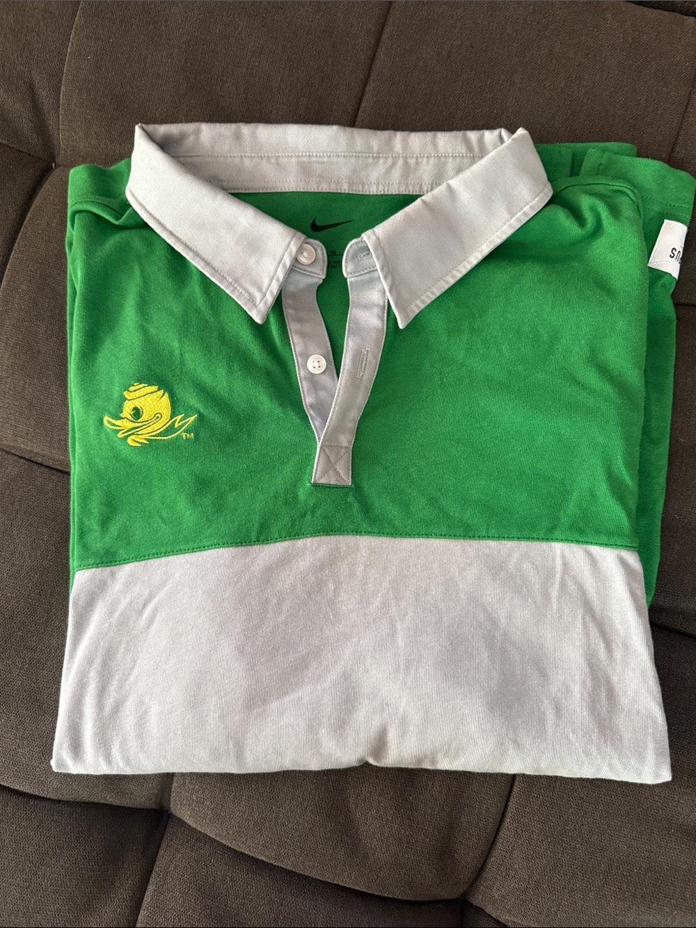 Nike Men's Green and White Colorblock Polo with Yellow Oregon Duck